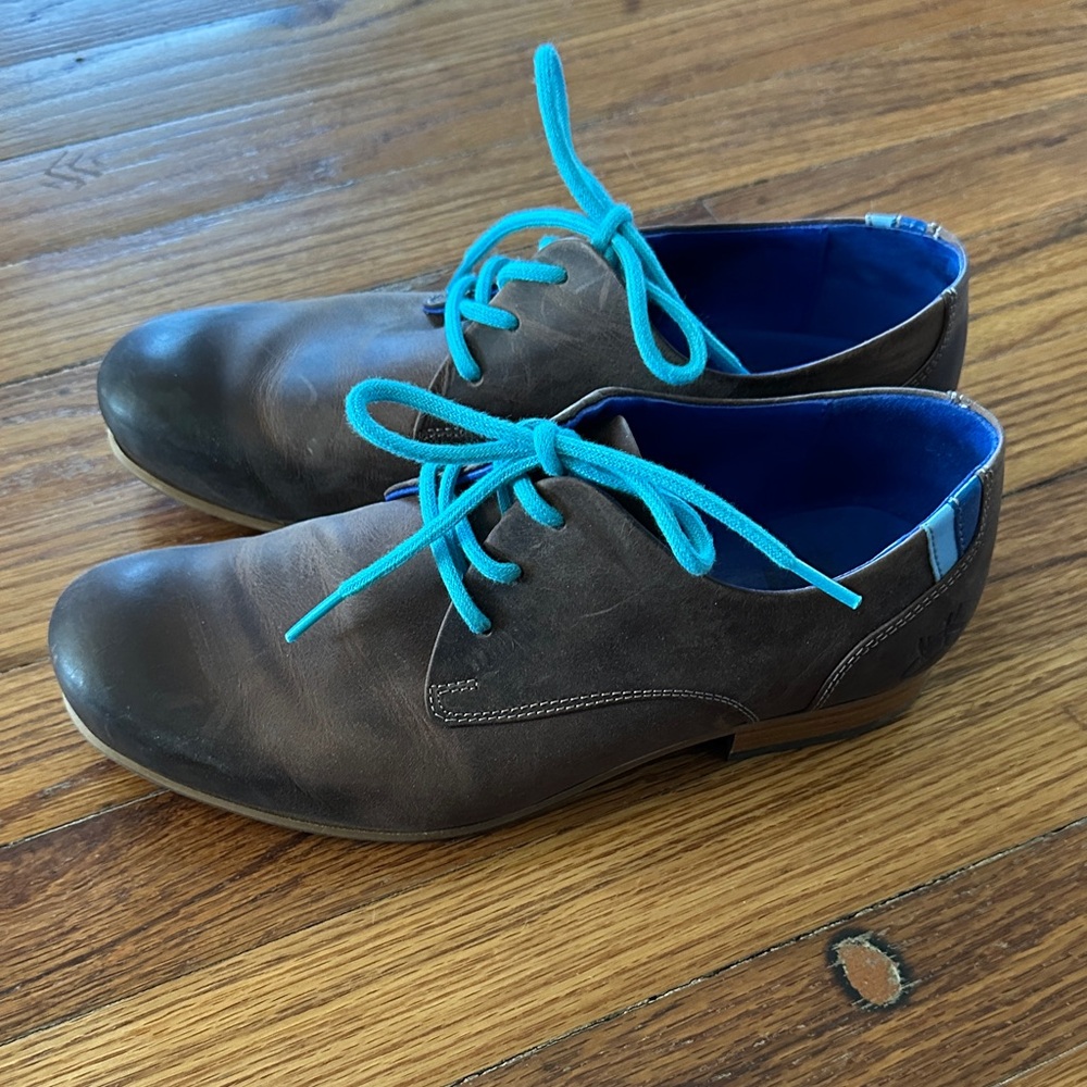 John Fluevog Radio Oxfords, Brown Leather W/ Bright Blue Accents, 10.5 Women